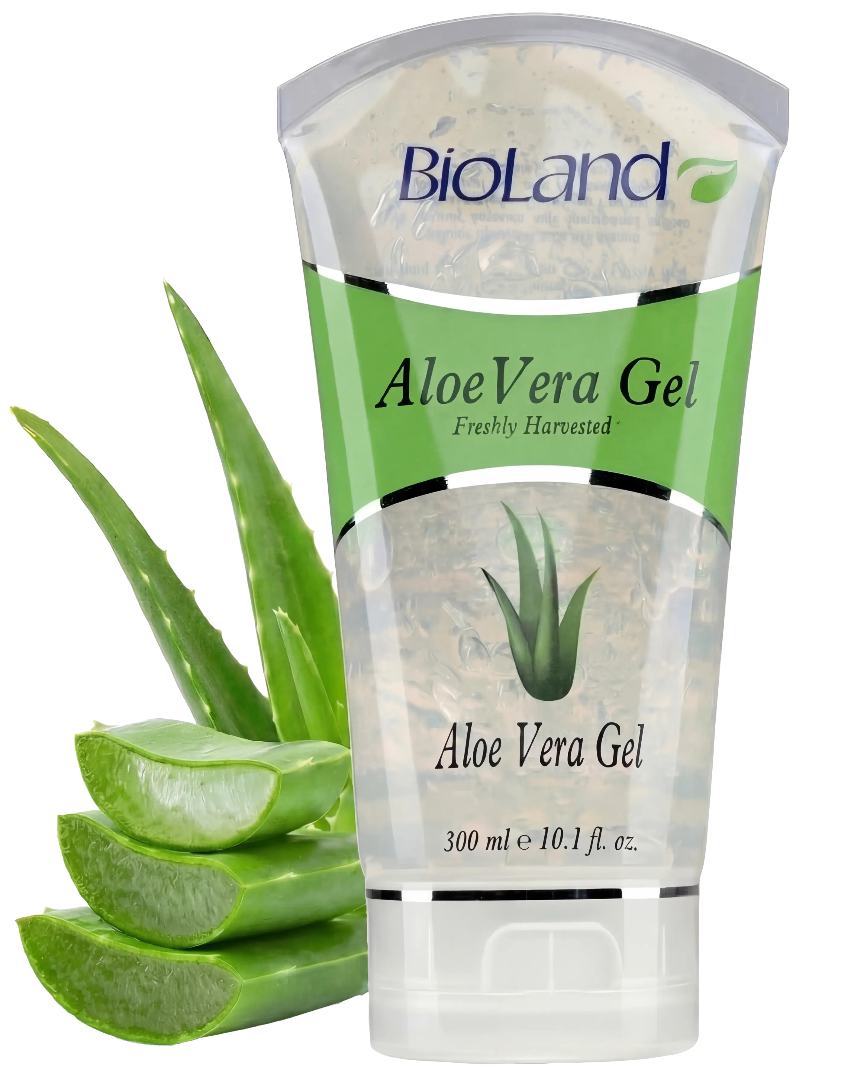 BioLand Aloe Vera Gel 300 mL bottle with fresh aloe leaves