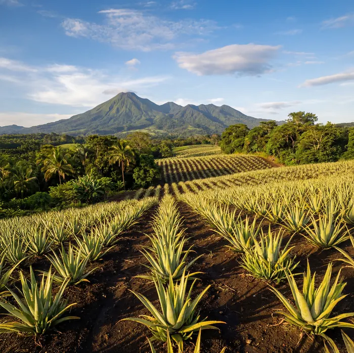 Rows of aloe vera growing in Costa Rica at golden hour