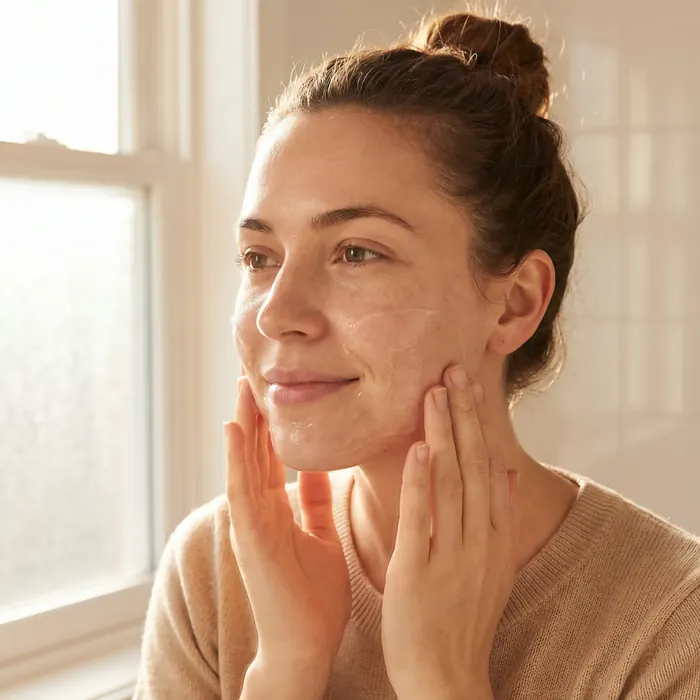 Applying aloe gel to the face in morning light