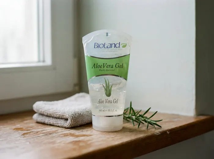 BioLand aloe bottle beside a towel in soft window light